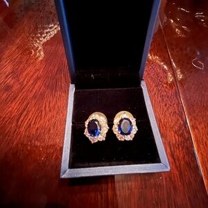 STUNNING FAUX SAPPHIRE AND DIAMOND PIERCED EARRINGS. 3/4”. CUBIC ZIRCONIUM.